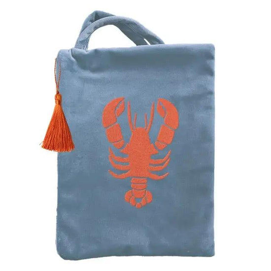 Kosmetiktasche Clutch Samt hellblau Lobster orange