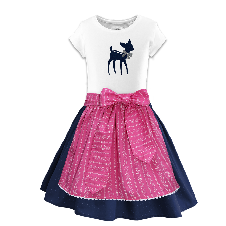 Maedchendirndl Rock dunkelblau Tupfen Schuerze Ranken pink.Bambi