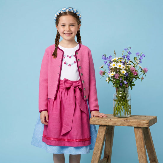 Maedchendirndl rock hellblau Schuerze pink leinen