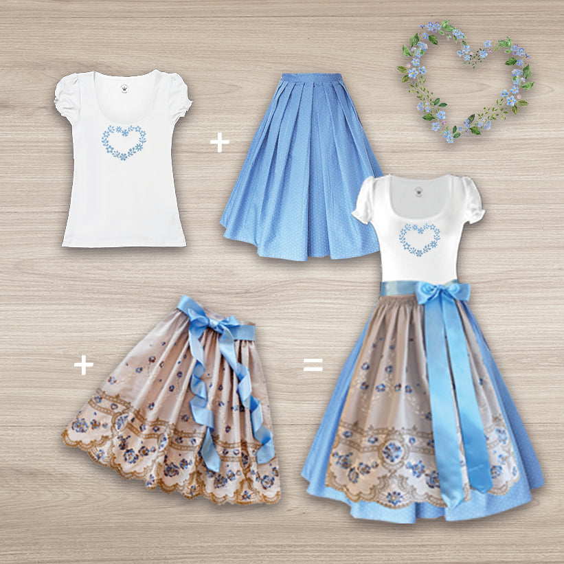 Damen Dirndl ohne Mieder in hellblau mit T-Shirt und bestickter Schürze