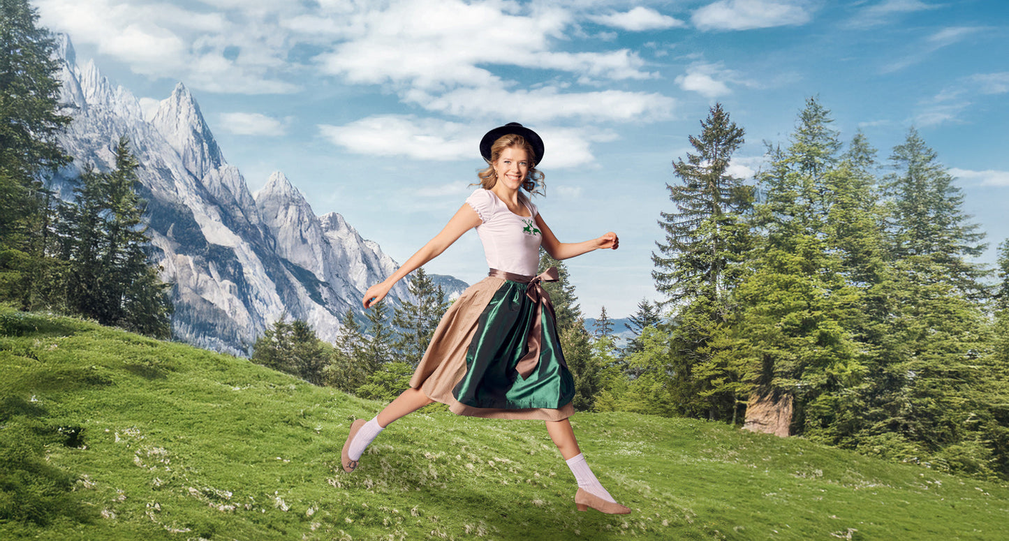 Damen Dirndl ohne Mieder in beige mit T-Shirt und dunkelgrüner Taft Schürze