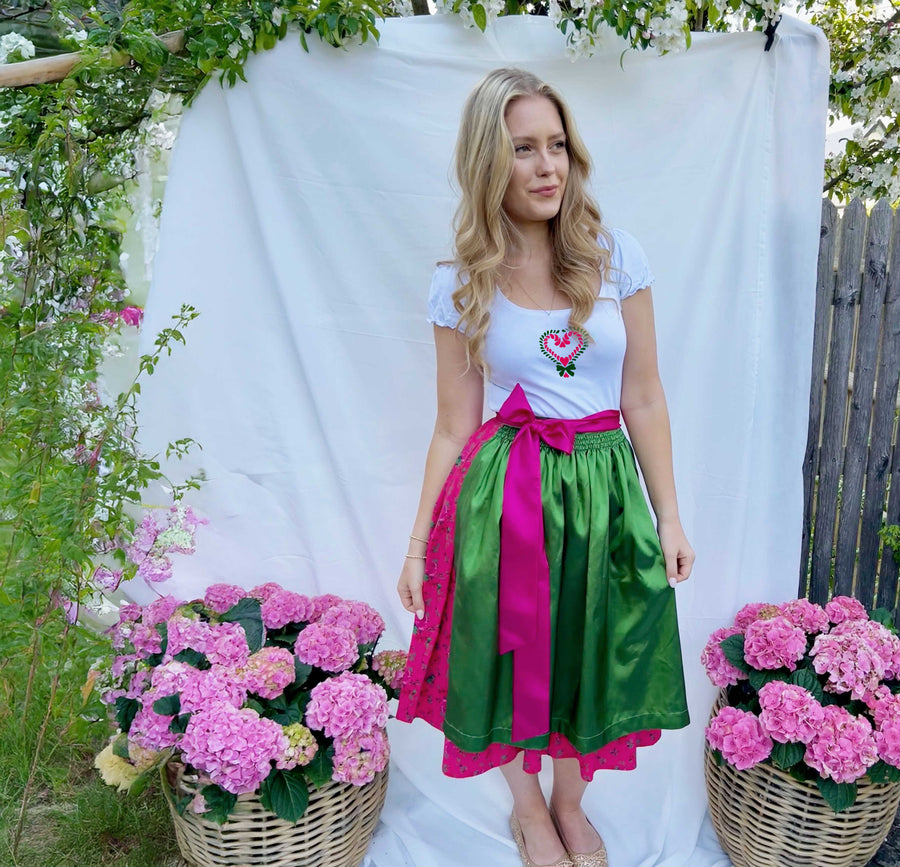 Damendirndl Schuerze Taft gruen pink Shirt Herz