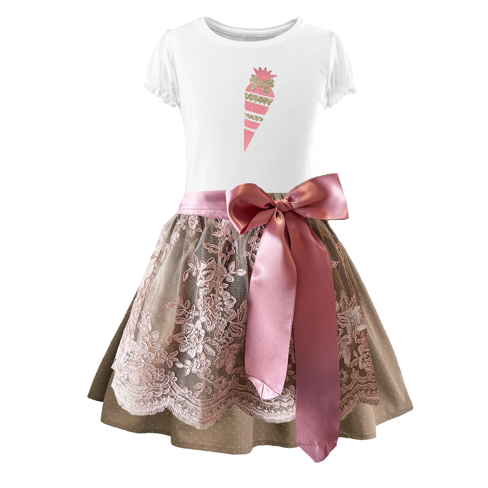 Kinder Dirndl Schulanfang beige rosa Spitze zuckertuete glitzer png