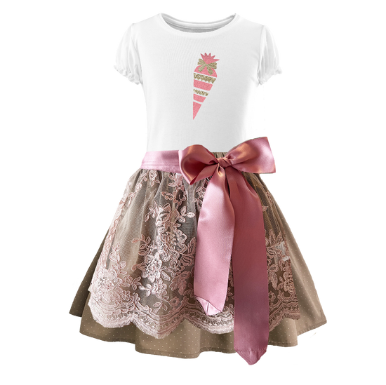 Kinder Dirndl Schulanfang beige rosa Spitze zuckertuete glitzer png
