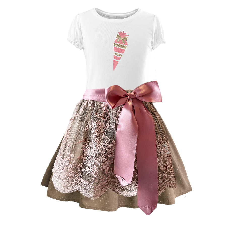 Kinder Dirndl Schulanfang beige rosa Spitze zuckertuete glitzer png