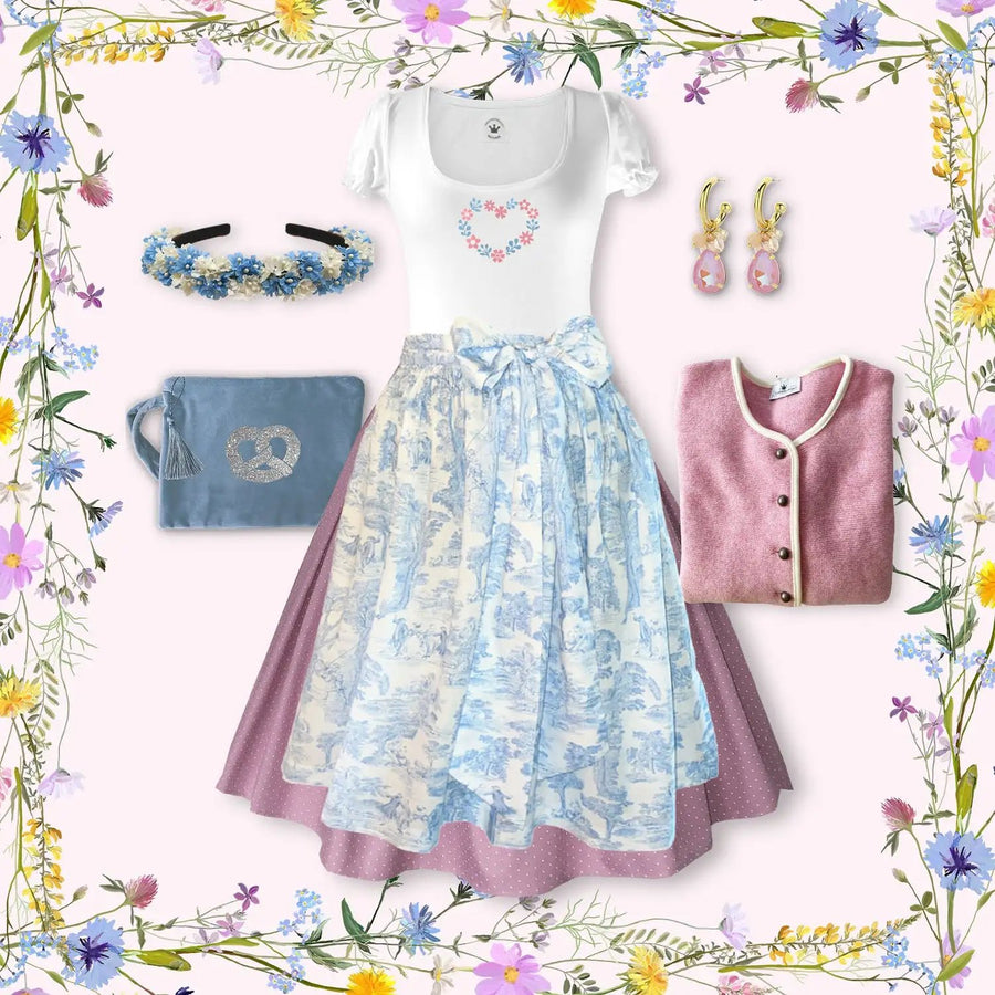 Outfit Damendirndl Rock Tupfen rosa Schuerze Toile Shirt Herz