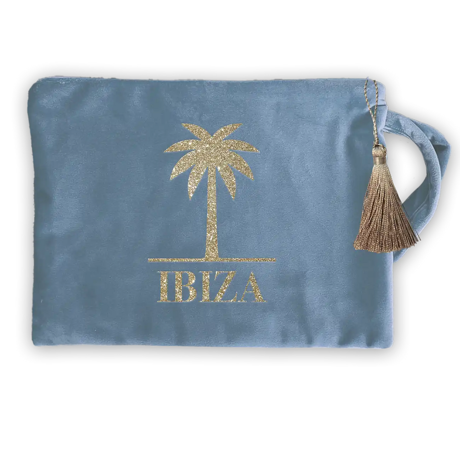 Palme Kosmetiktasche Samt hellblau IBIZA gold