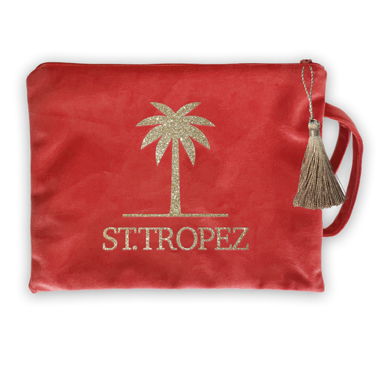 Palme Kosmetiktasche Samt koralle ST.TROPEZ gold