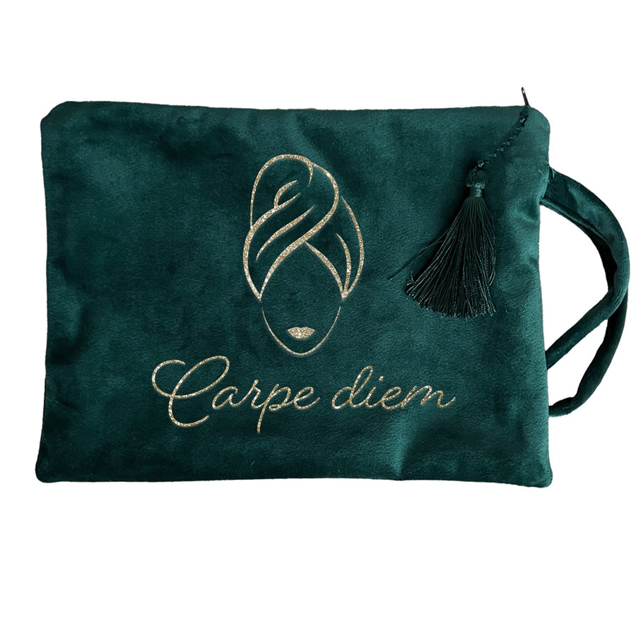SPA Kosmetiktasche Samt dunkelgruen Turban Carpe diem gold
