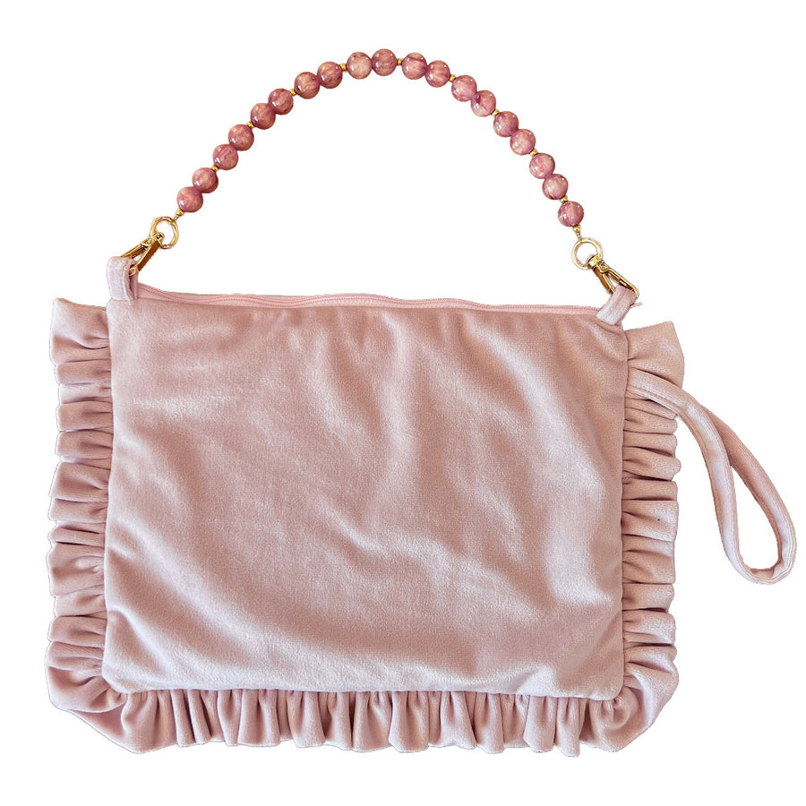 Samt-Clutch-Ruesche-Volant-perlenkette rosa