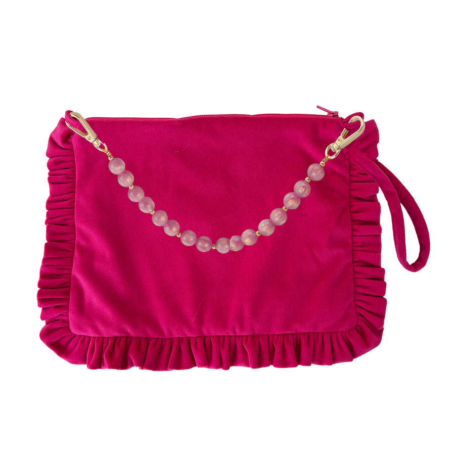 Samt Clutch Ruesche Volant perlenkette pink