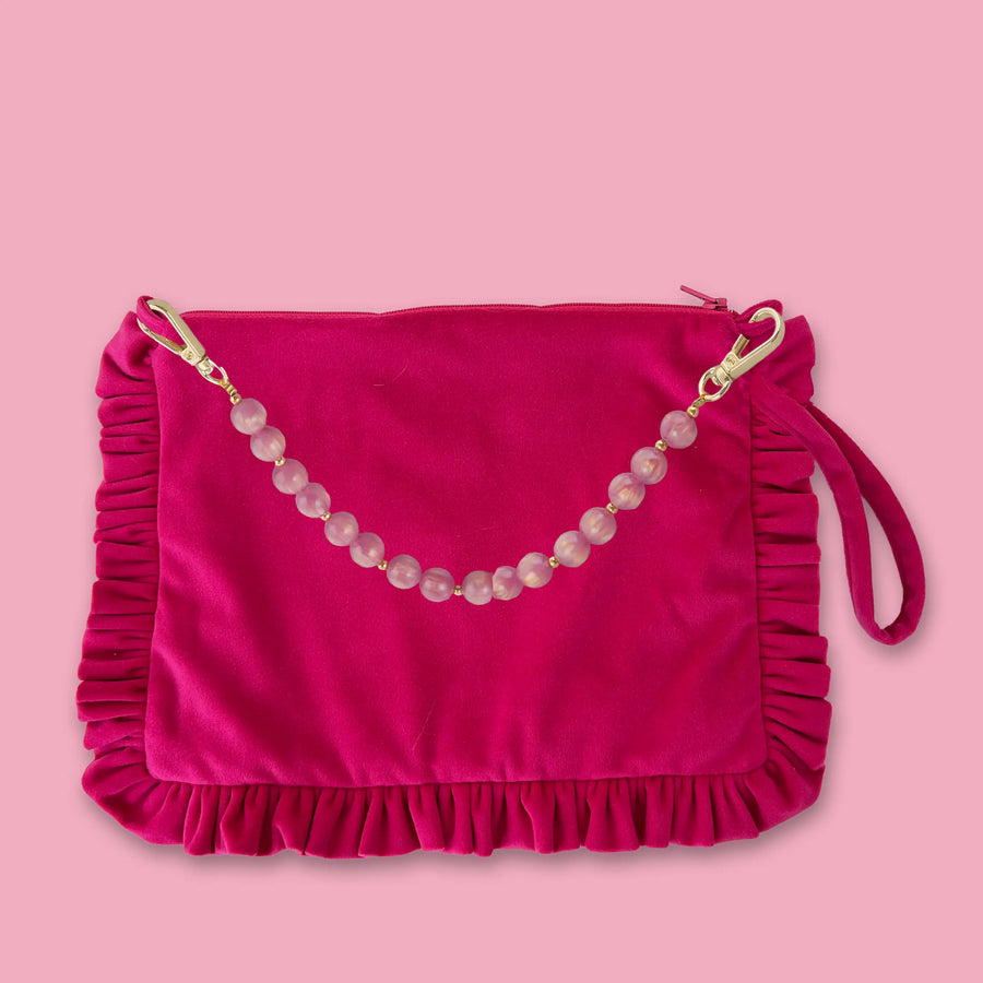 Samt Clutch Ruesche Volant perlenkette pink