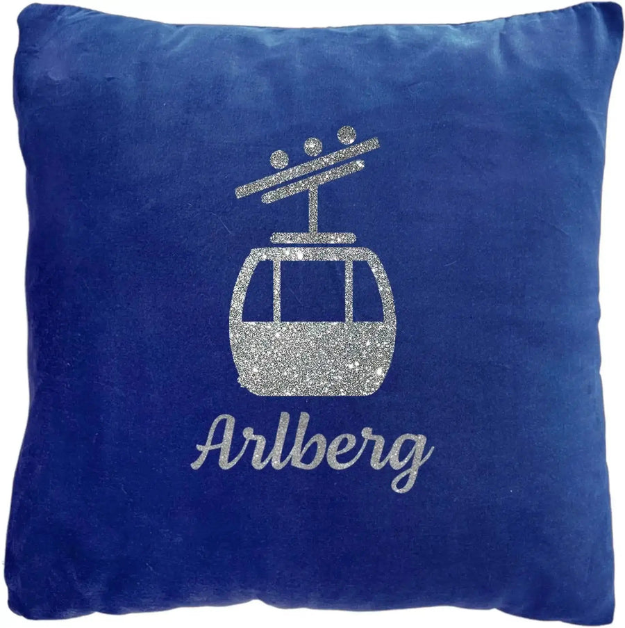 Personalisierbares Samtkissen mit Ski-Motiv in Blau, 40x40cm, Druck