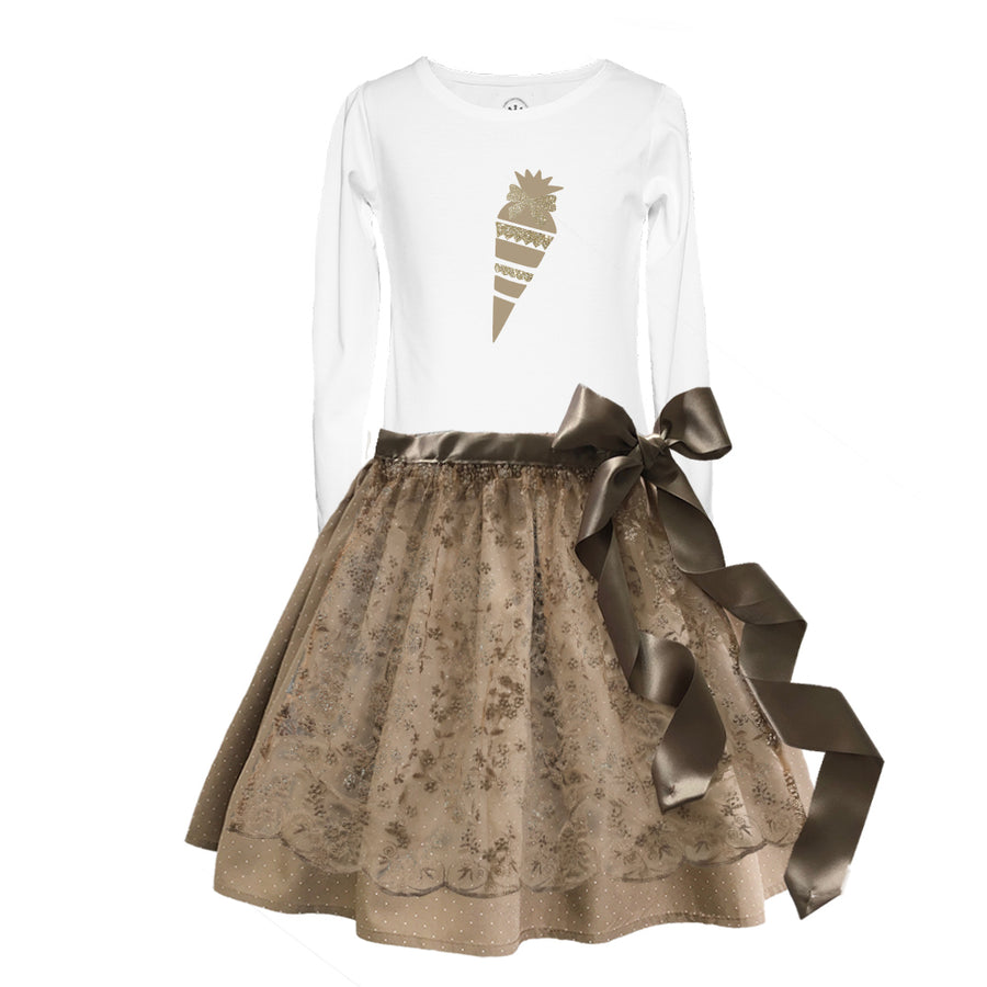Schulanfang Kinderdirndl Rock Tupfen beige Schuerze Spitze Bluemchen gold Shirt Schultuete