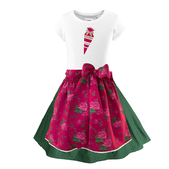 Schulanfang Kinderdirndl Rock Tupfen dunkelgruen Schuerze Rosen Shirt Schultuete