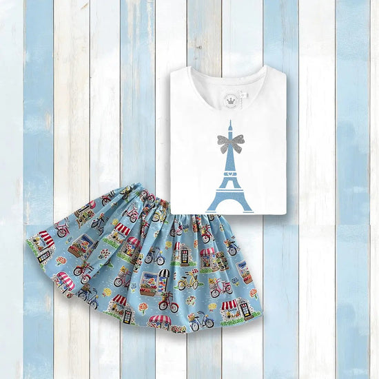 Sommer Maedchenoutfit Rock Fahrräder Paris Shirt