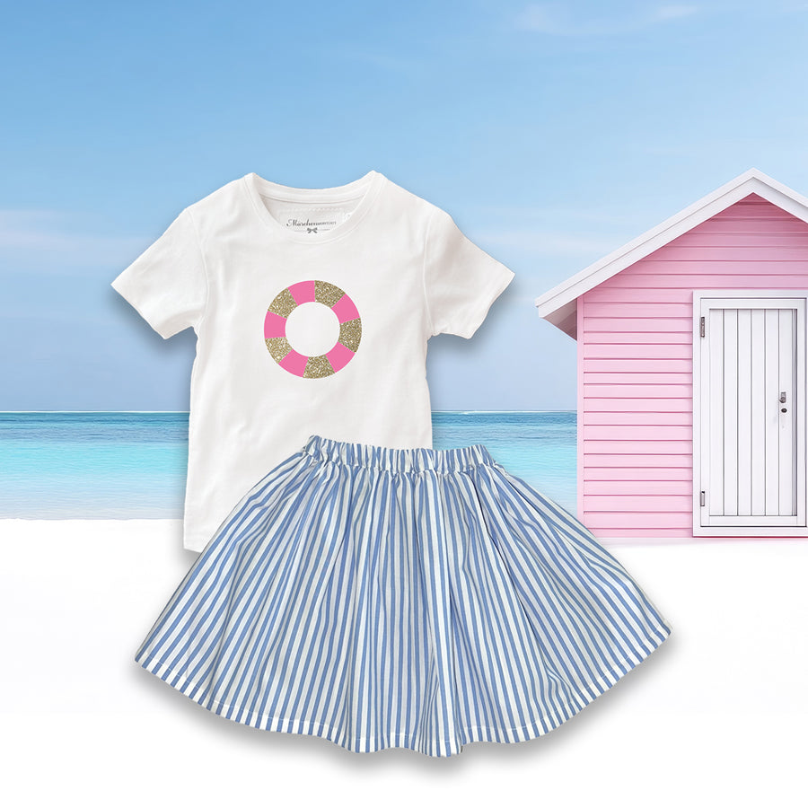 Sommer Maedchenoutfit Rock maritim hellblau weiß gestreift mit Shirt Schwimmringrosa gold