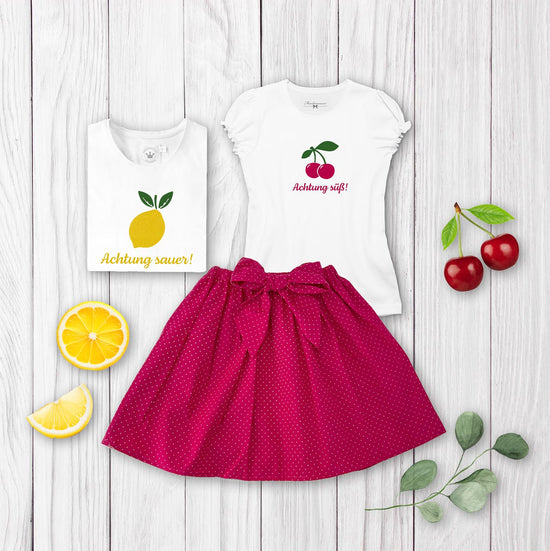 Sommer Maedchenoutfit Rock Tupfen Kirsch Shirt Zitrone