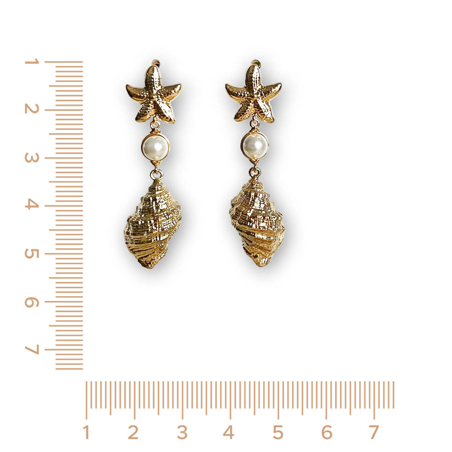 Goldene Seestern-Ohrringe mit Muschel und Perle, Sommer Accessoires