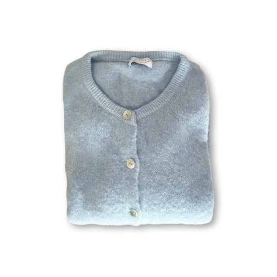 Himmelblaue Alpaka Strickjacke, gefaltet, mit Knöpfen, weiche Babyjacke