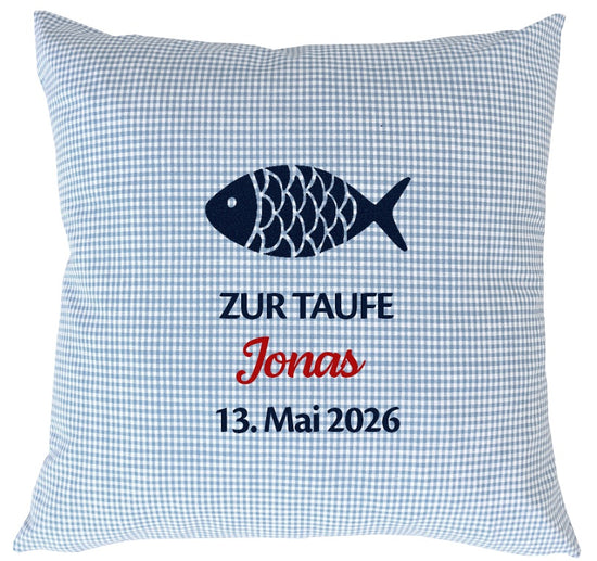 Taufe Kissen Vichykaro hellblau Fisch name personalisiert Datum