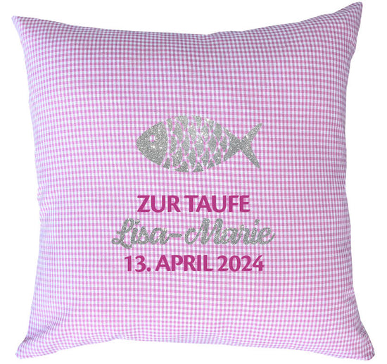 Taufe Kissen Vichykaro rosa Fisch personalisiert