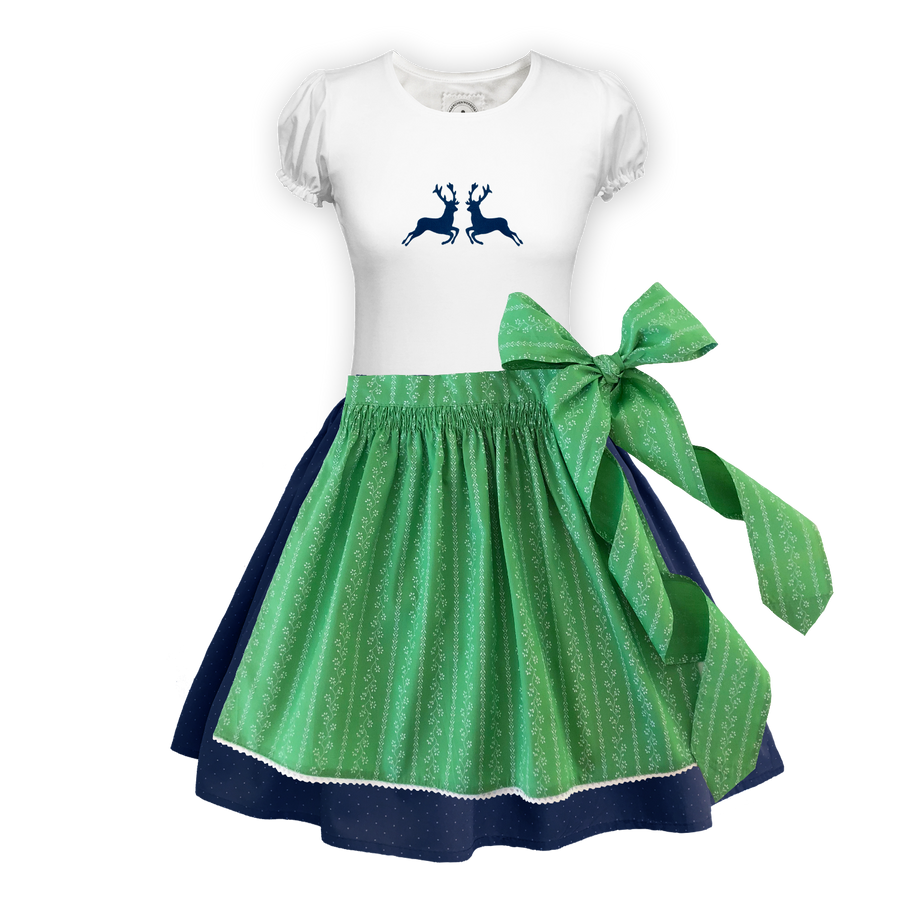 Teenager Dirndl Rock dunkelblau Tupfen Schuerze Ranke gruen