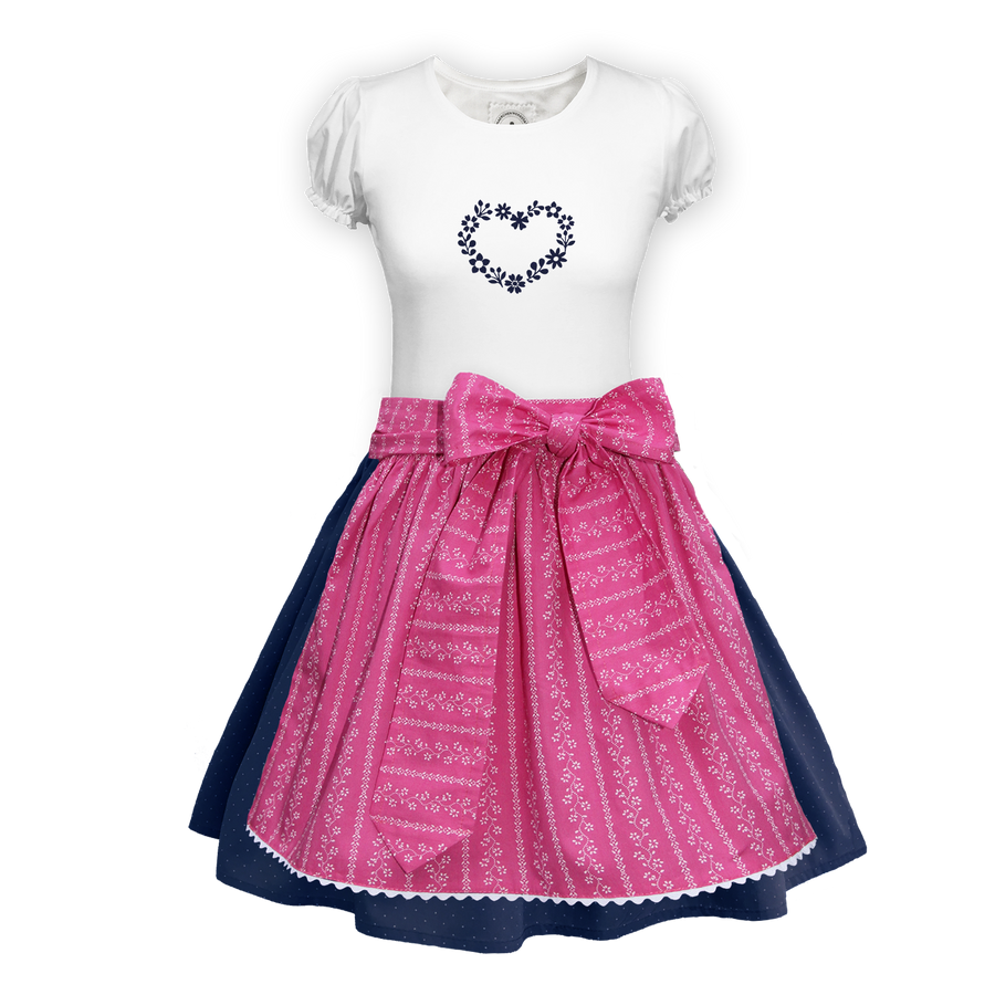 Teenager Dirndl Rock dunkelblau Tupfen Schuerze Ranke pink