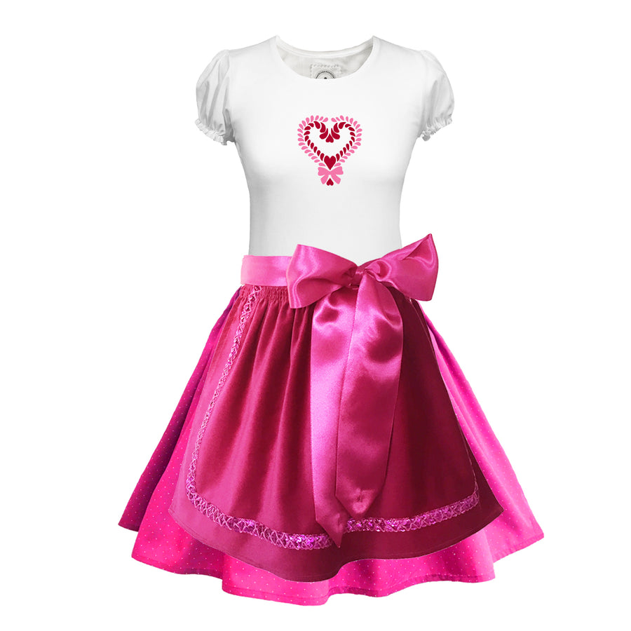 Teenager Dirndl Rock pink Tupfen Schuerze Spitze pink Herz