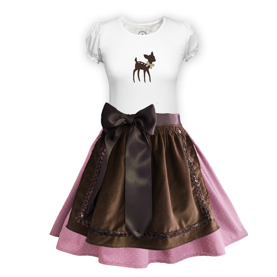 Teenager Dirndl Rock rosa Tupfen Schuerze Samt braun