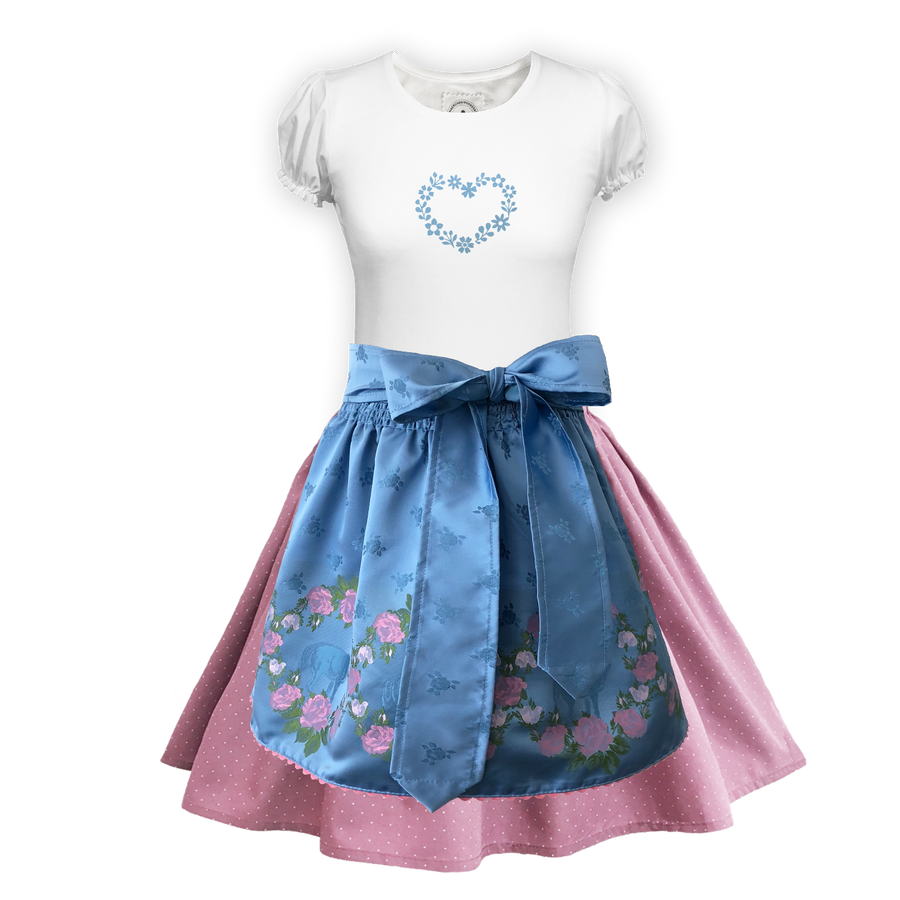 Teenager Dirndl Rock rosa Tupfen Schuerze Seide hellblau