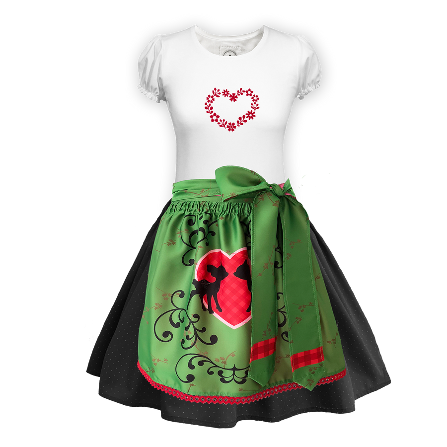 Teenager Dirndl Rock schwarz Tupfen Schuerze Seide gruen Shirt Bambi