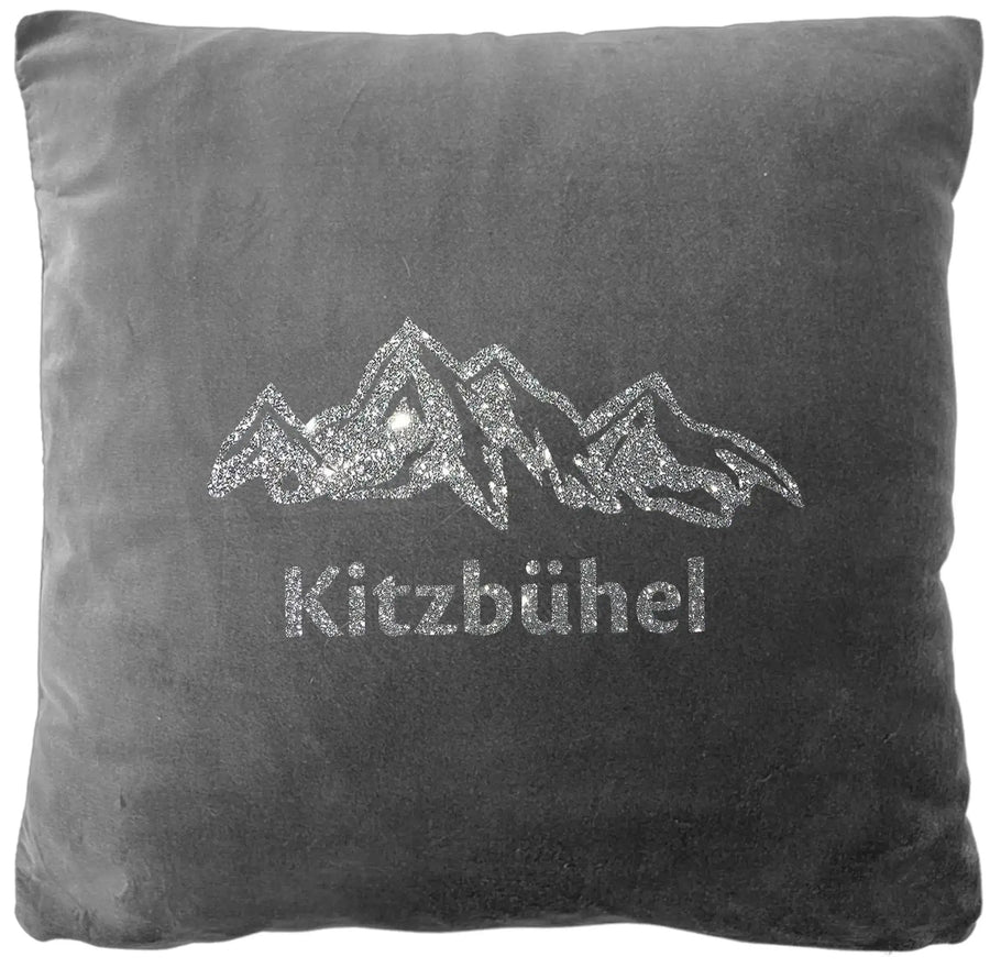 Personalisierbares Samtkissen mit Berg- und Skimotiv, 40x40cm, Geschenkidee