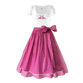 
                    
                      Damen Dirndl ohne Mieder in rosa mit T-Shirt und pinkfarbener Schürze
                    
                  