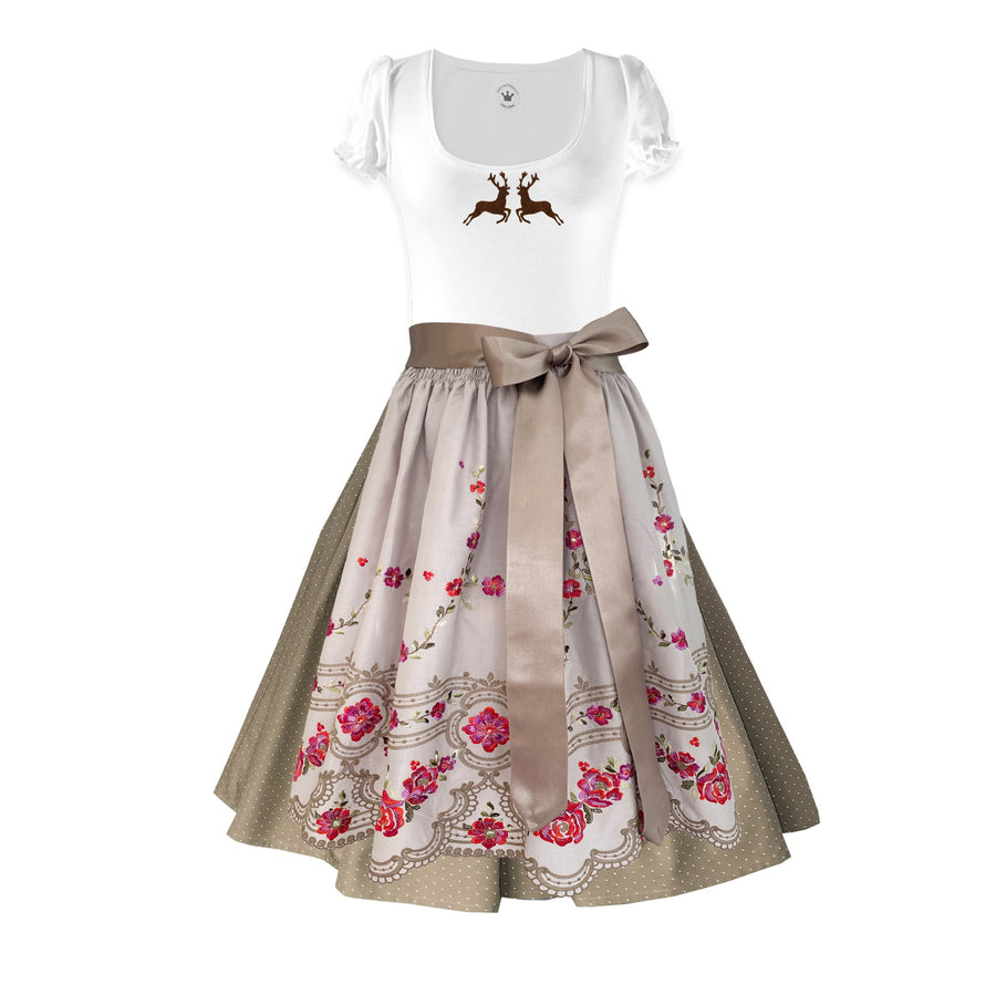 Damen Dirndl pinke Stickerei beige Bänder Damen Dirndl ohne Mieder mit T-Shirt und , Rock und Märchenwerkstatt Schürze