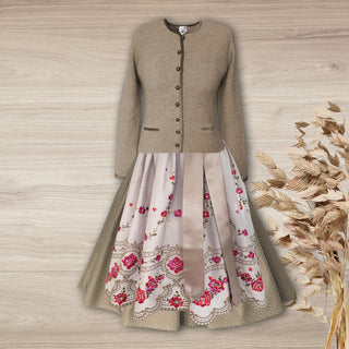 
                    
                      Damen Dirndl pinke Stickerei beige Bänder Damen Dirndl ohne Mieder mit T-Shirt und , Rock und Märchenwerkstatt Schürze
                    
                  