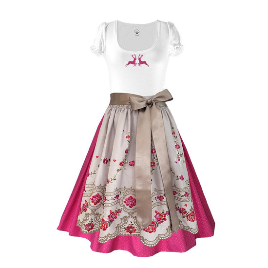 Damen Dirndl pinke Stickerei beige Bänder Damen Dirndl ohne Mieder mit T-Shirt und , Rock und Märchenwerkstatt Schürze