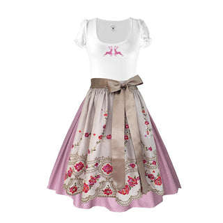 
                    
                      Damen Dirndl pinke Stickerei beige Bänder Damen Dirndl ohne Mieder mit T-Shirt und , Rock und Märchenwerkstatt Schürze
                    
                  