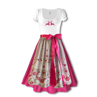 
                    
                      Damen Dirndl pinke Stickerei pinke Bänder Damen Dirndl ohne Mieder mit T-Shirt und , Rock und Märchenwerkstatt Schürze
                    
                  