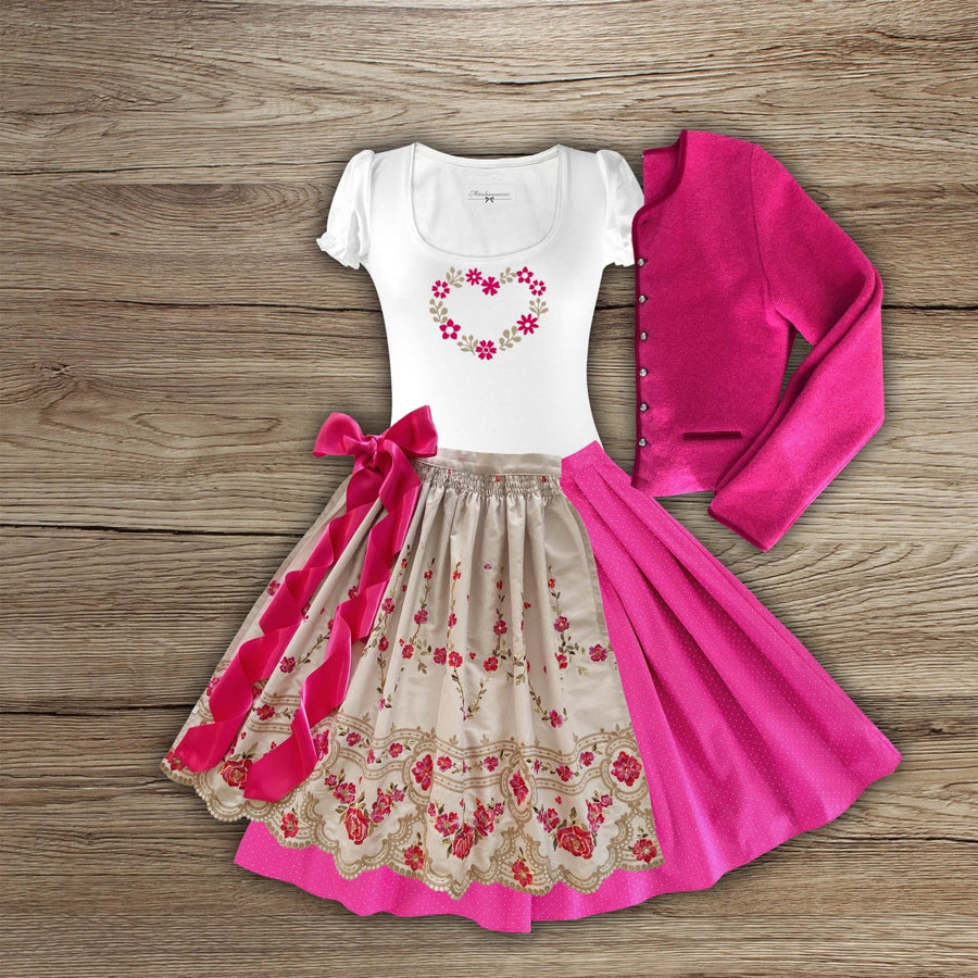 Damen Dirndl pinke Stickerei pinke Bänder Damen Dirndl ohne Mieder mit T-Shirt und , Rock und Märchenwerkstatt Schürze